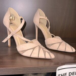 Women’s strap shoes, peach colored, suede material, 4 inch heel. Never worn.